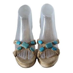 Michael Kors Turquoise & Jute Rope Wedge Heel Sandals Size 9.5 Made in Italy